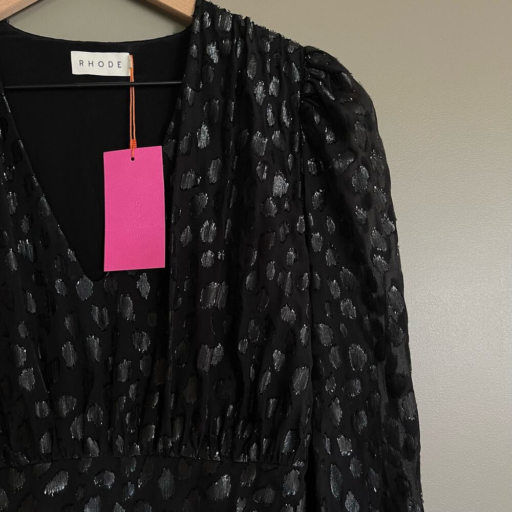 NWT RHODE Bianca Dress Black Metallic Size 2 Long Sleeve V-Neck Ruffles Blouson - Picture 6 of 16